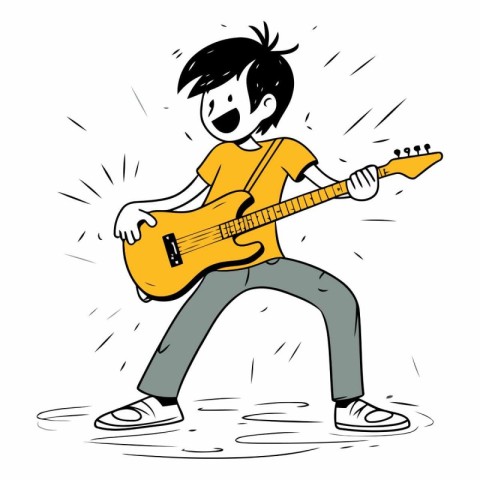 Vector illustration of a young man playing the guitar on white b