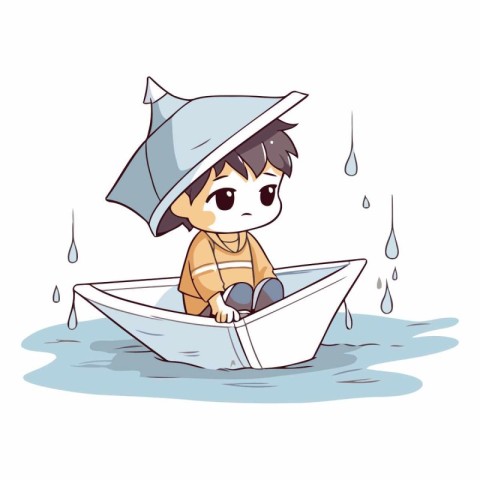 Little boy in a boat with rain of a cartoon character.