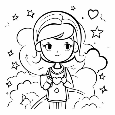 Coloring Page Outline Of Cartoon Girl with Heart Shape and Cloud