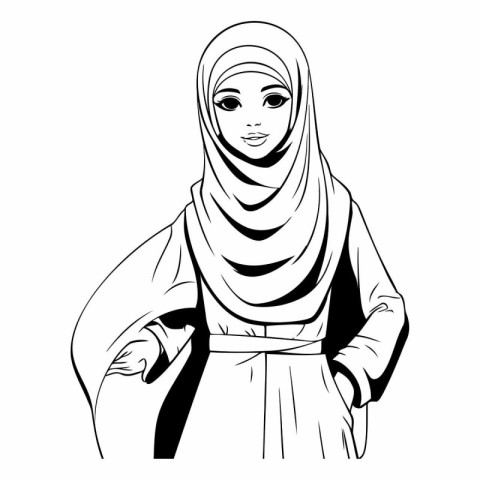 Arabic woman in traditional clothes. Black and white vector illu