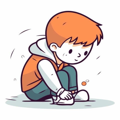 Little boy sitting on the floor and trying to clean his shoes.