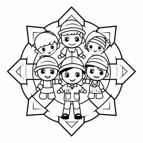 Coloring book for children: Happy children in winter clothes.