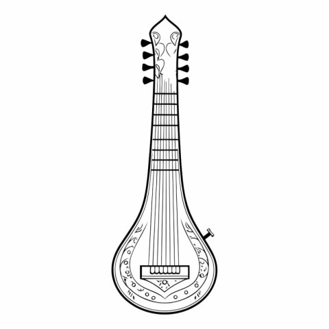 Musical instrument mandolin. Black and white vector illustration