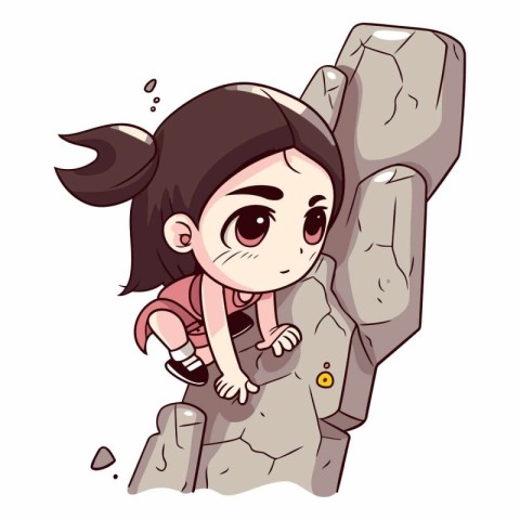 Cute little girl climbing on the stone wall.