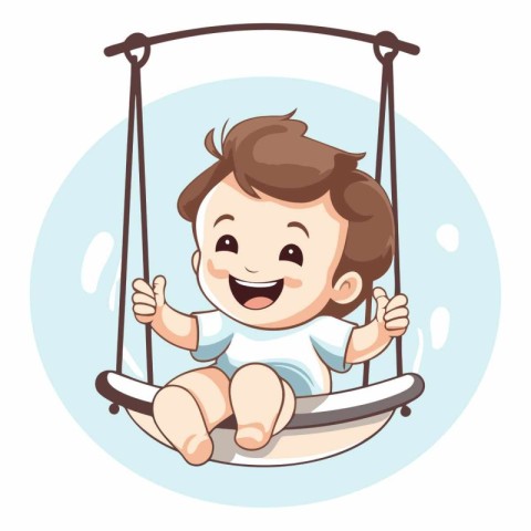 Cute baby boy swinging on a swing. Vector cartoon illustration.