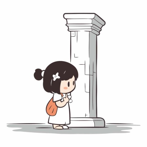 Illustration of a little girl standing in front of an ancient co