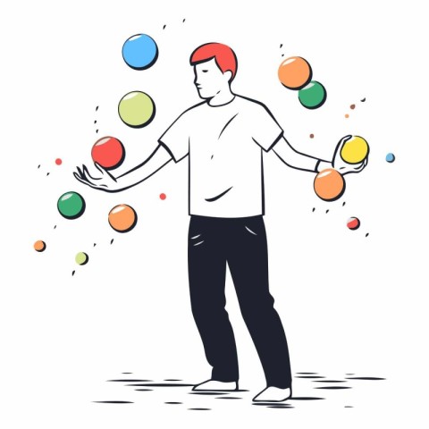 Illustration of a man juggling with balls. Vector hand drawn ill