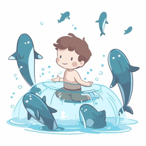 Little boy swimming with dolphins in the ocean. Cute cartoon vec