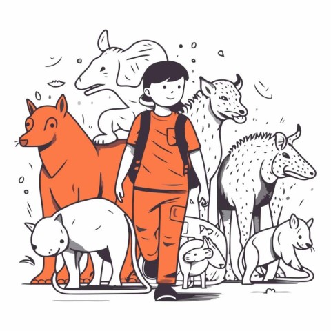 Vector hand drawn illustration of a little boy with a dog and an