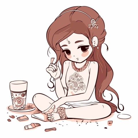 Cute little girl eating chocolate and drinking coffee.