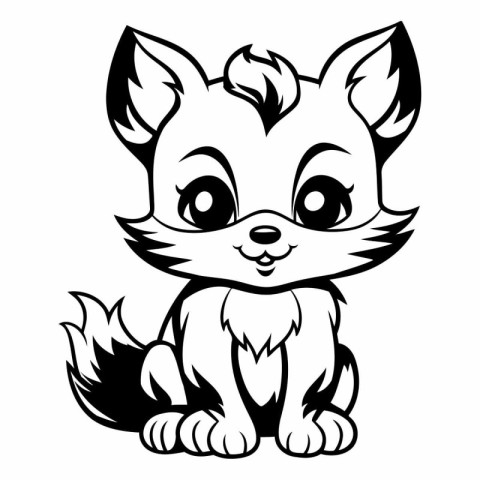 Cute Fox - Black and White Cartoon Illustration. Isolated On Whi