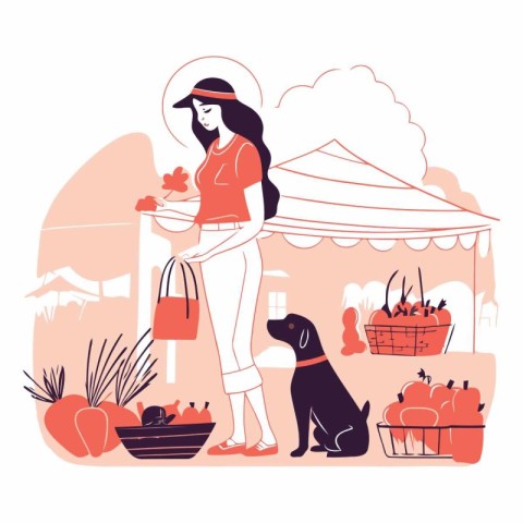 Vector illustration of a girl with a dog and basket of food in t