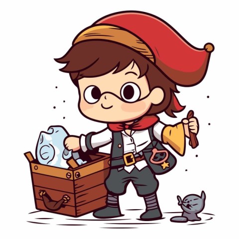 Pirate boy with a box full of garbage.