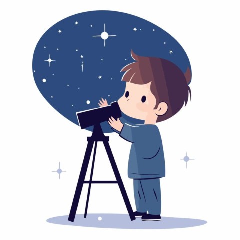 Boy looking through telescope in cartoon style on white backgrou