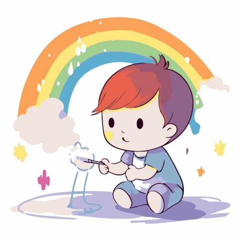 Boy playing with a pipe and a rainbow in the background vector i