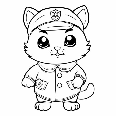 Black and White Cartoon Illustration of Cat Police Officer Chara