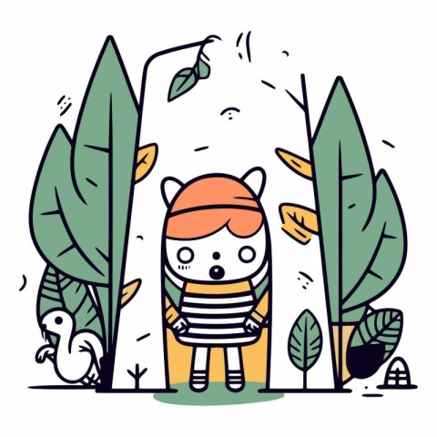 Cute little girl in the forest. Vector hand drawn illustration.