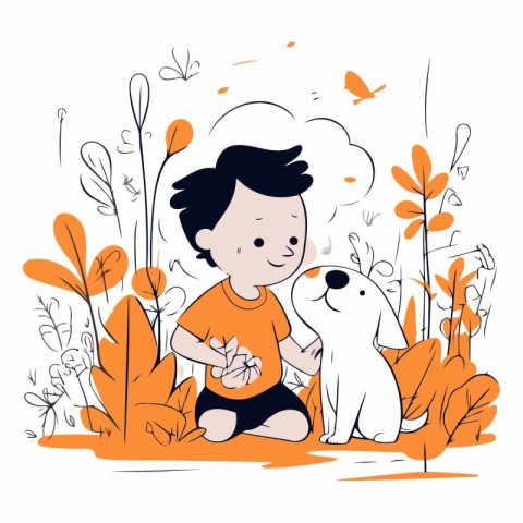 Cute boy and dog in the garden. Vector hand drawn illustration