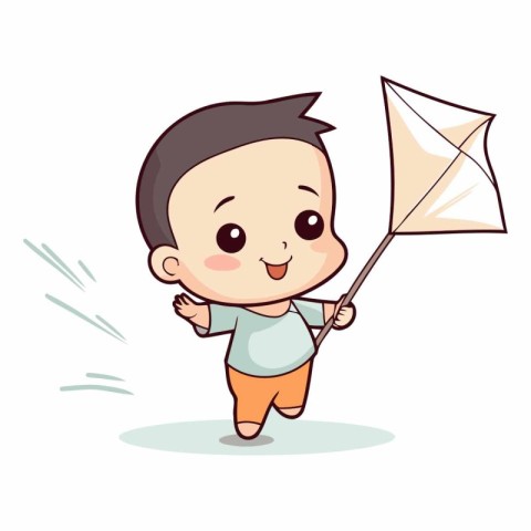 Cute little boy holding a kite. Vector cartoon illustration.