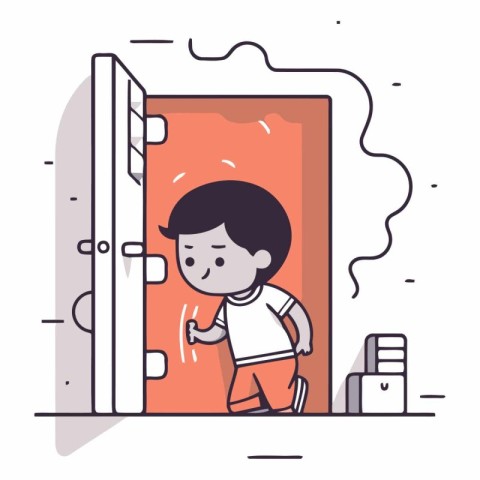 Child coming out of an open door. Flat style vector illustration