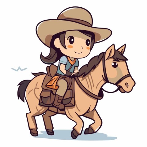 Illustration of a Cute Girl Wearing a Cowboy Hat and Riding a Ho