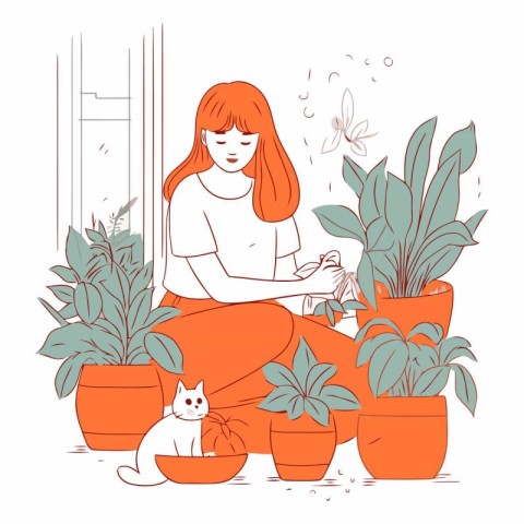 Woman with cat and houseplants in flat style