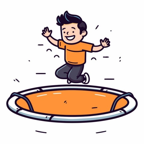 Boy jumping on a trampoline in cartoon style.