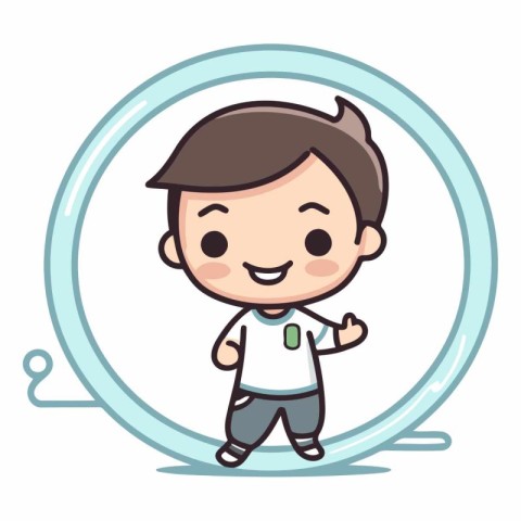 Cute boy running in round frame. Vector clip art illustration.