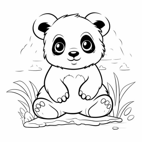 Panda sitting on a log. Black and white vector illustration.