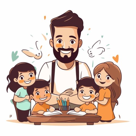 Happy father and his children drawing in cartoon style.