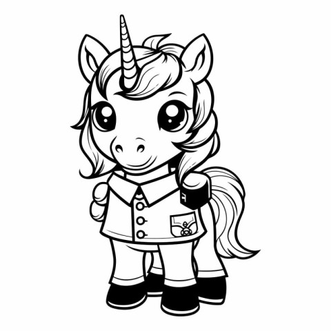 Unicorn Girl - Black and White Cartoon Illustration. Vector