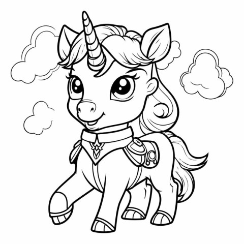 Black and White Cartoon Illustration of Cute Unicorn Animal Char