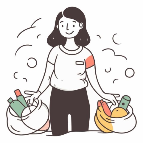 Illustration of a woman with a basket full of food.