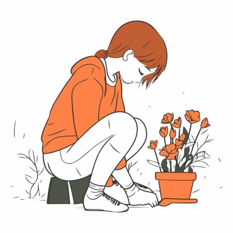 Illustration of a sad woman sitting in front of a flower pot