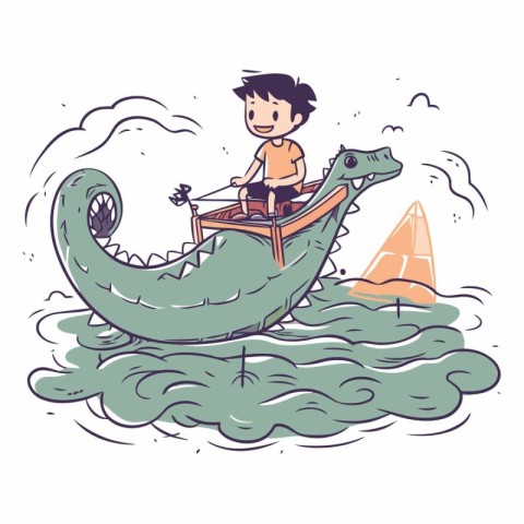 Cartoon boy riding a dragon boat on the sea