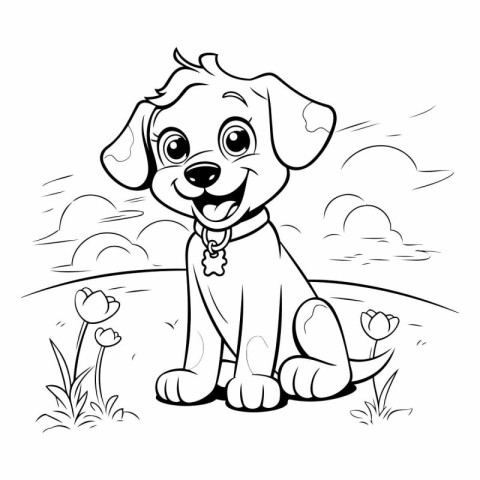 Cute puppy sitting on the grass. Black and white vector illustra