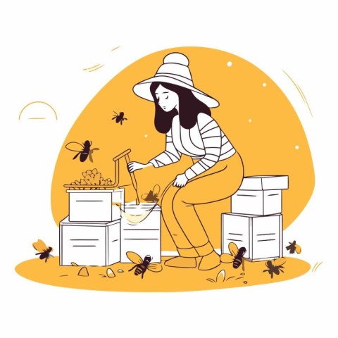 Beekeeper woman working in apiary in cartoon style