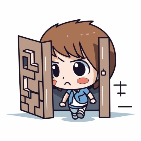 Girl trying to escape from the door. Cute cartoon vector illustr