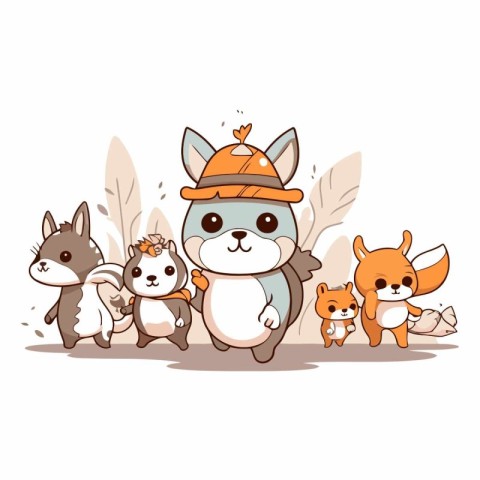 Cute cartoon foxes and squirrels in winter clothes