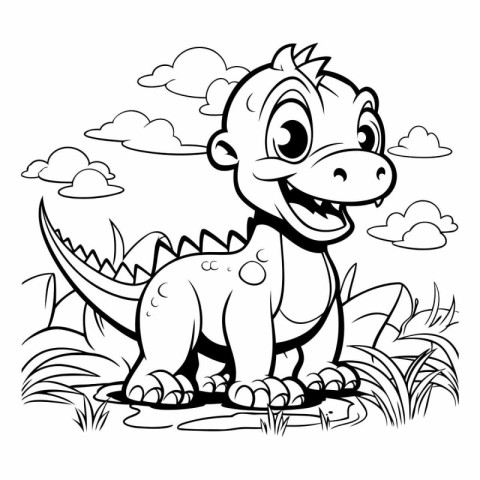 Black and White Cartoon Illustration of Cute Dinosaur Animal for