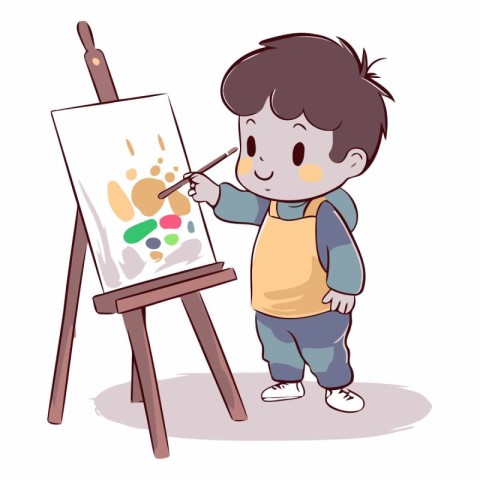 Little boy painting on easel. Cute cartoon vector illustration.