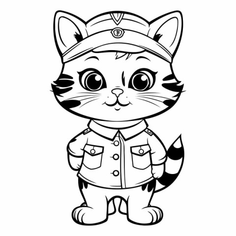 Black and White Cartoon Illustration of Cute Cat Captain Charact