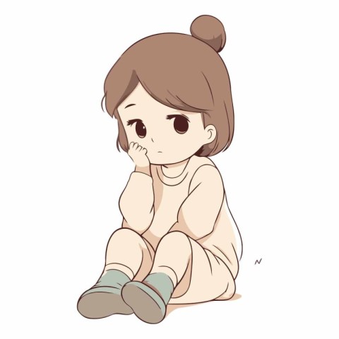 Illustration of a little girl sitting on the floor and thinking