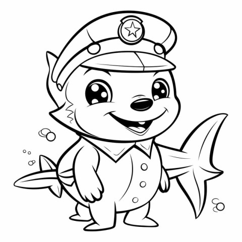 Black and White Cartoon Illustration of Cute Baby Shark Captain