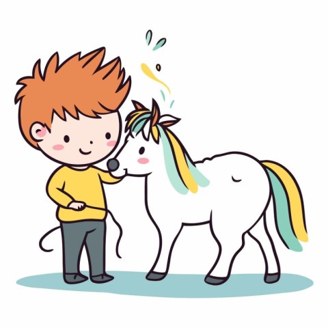 Little boy playing with a unicorn in cartoon style.