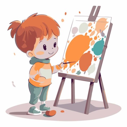 Cute little girl painting on easel. Vector cartoon illustration.