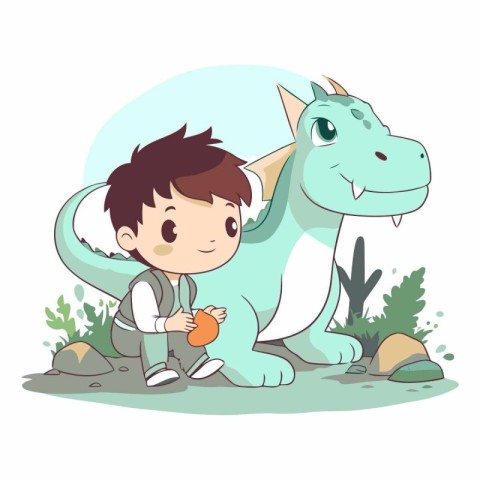 Cute little boy playing with dinosaur in cartoon style.