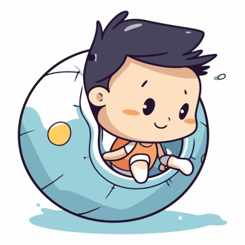 Cute cartoon boy sliding on an inflatable pool.