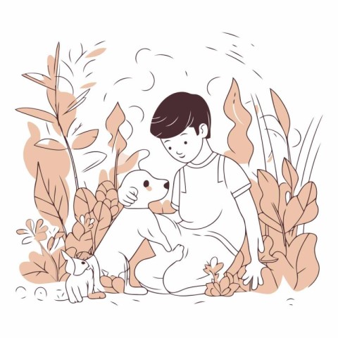 Vector illustration of a boy with a dog sitting in the park.