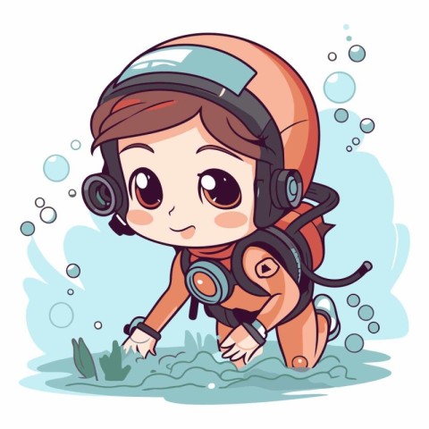 Cute cartoon little boy wearing space suit and diving helmet.